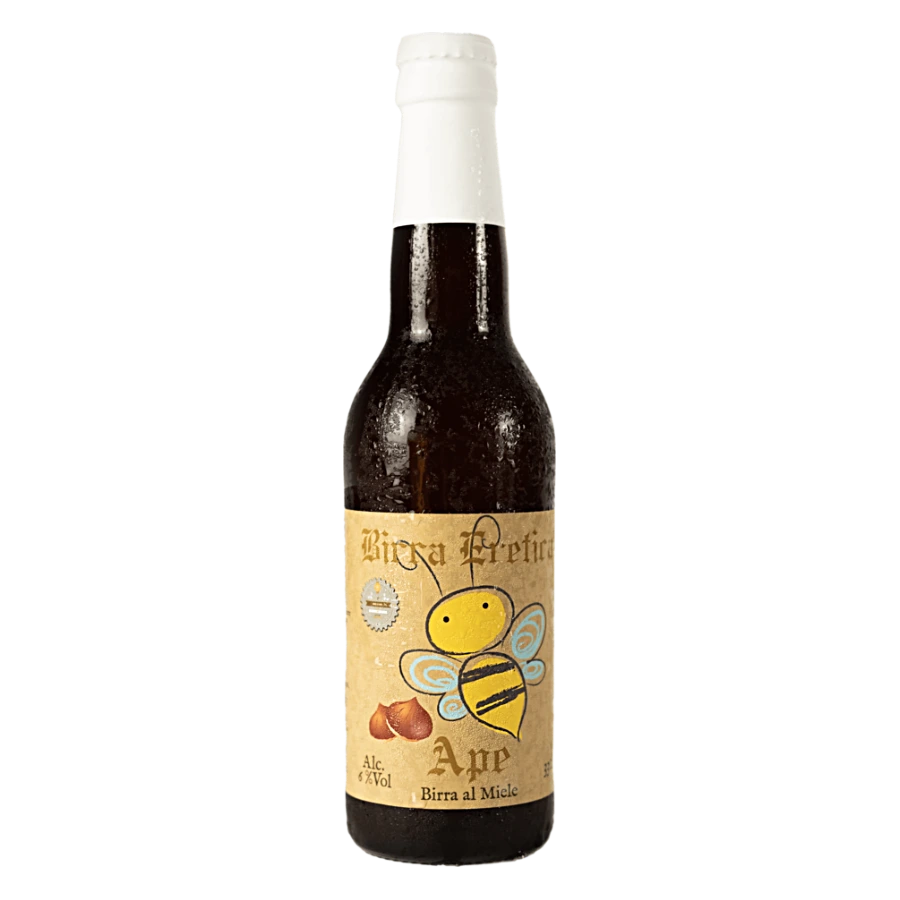 Ape 33 cl - Birra Belgian Pale Ale al Miele di Castagno proveniente dalla valle di San Martin nel Lecchese.Corpo pieno ed armonioso dal profilo maltato con una delicata luppolatura e l'amarognolo tipico del miele di castagno. Rifermentazione in bottiglia. Grado alcolico: 6,5 % Vol Grado plato: 12 °P Amaro IBU: 12 Colore EBC: 30 Fermentazione: Alta⠀⠀⠀⠀⠀⠀⠀ Ingredienti: Acqua, Malto d'Orzo e di Frumento, Luppolo, Miele di Castagno, Lievito. Temperatura di servizio: 8-10 °C Abbinamenti gastronomici: Questa bir