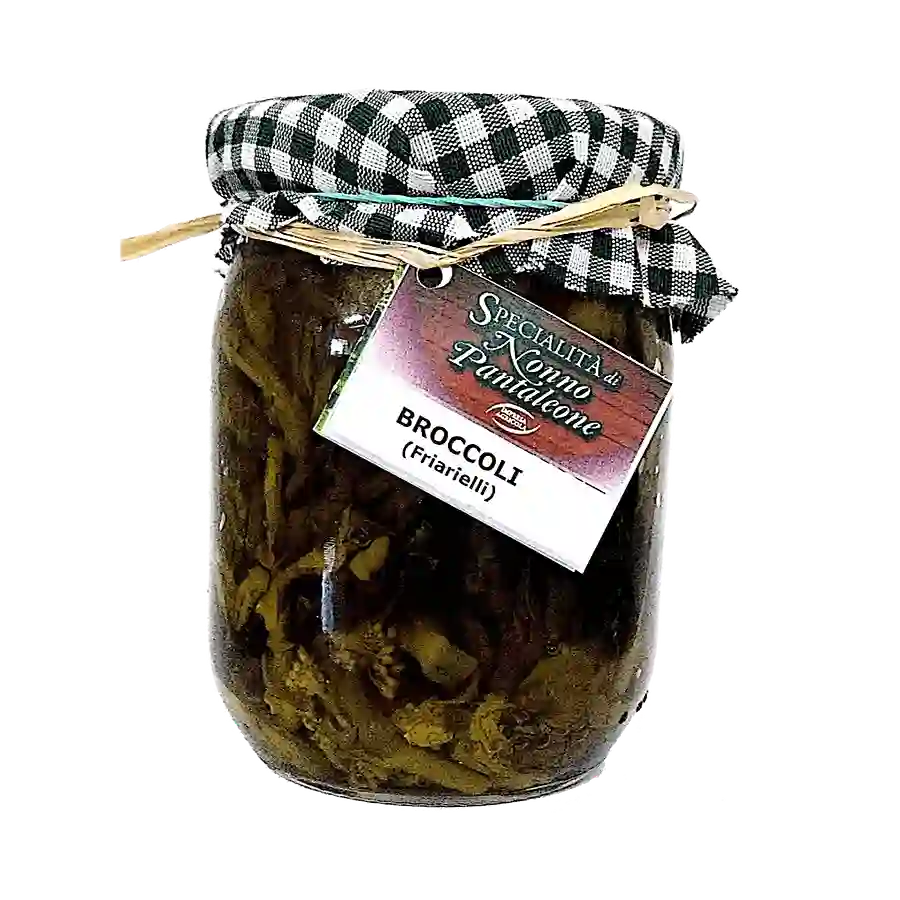 Broccoli (Friarielli) 390g - Dettagli del prodotto I Friarielli di Nonno Pantaleone sono realizzati con una materia prima di provenienza italiana, a garanzia di un prodotto di qualità. Lavorati in modo artigianale, vengono puliti e lavati per poi essere stufati e conditi con ingredienti di prima scelta: olio di semi di girasole, sale, aglio, peperoncino e succo di limone. I nostri Friarielli sono adatti ad essere consumati come contorno uniti alla carne al pesce, come antipasto o per la farcitura di panini