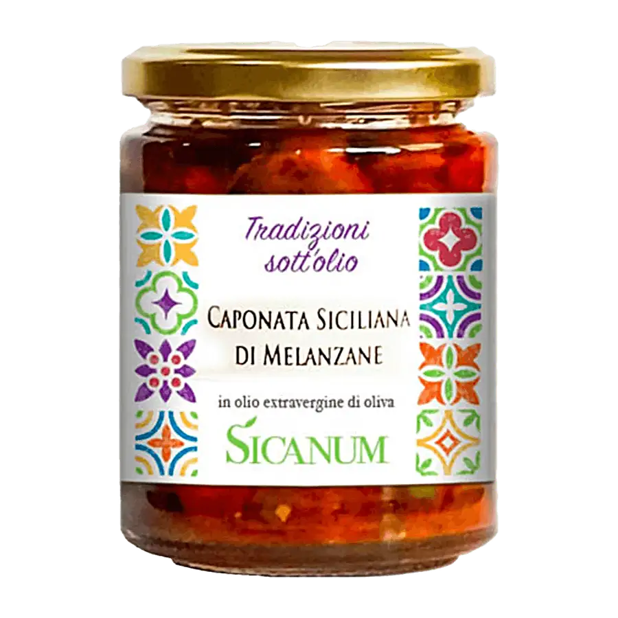 Caponata siciliana in olio EVO Sicanum - Tradizioni sott’olio è una linea di conserve che coniuga le eccellenze Siciliane: i migliori prodotti della terra, lavorati in maniera artigianale e conservati in olio extravergine di oliva Sicanum, per esaltare sapori e profumi.Dettagli prodottovaso ml 314 - peso netto g 270 - TMC: 36 mesiProdotto vegano, senza glutine, senza conservanti, senza coloranti, senza aromi artificiali, senza grassi idrogenati.Ingredienti: melanzane, peperoni, olio extravergine d’oliva, c