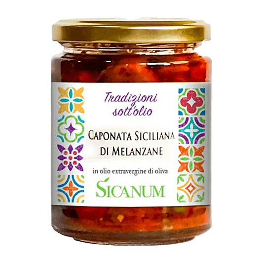 Caponata siciliana in olio EVO Sicanum - Tradizioni sott’olio è una linea di conserve che coniuga le eccellenze Siciliane: i migliori prodotti della terra, lavorati in maniera artigianale e conservati in olio extravergine di oliva Sicanum, per esaltare sapori e profumi.Dettagli prodottovaso ml 314 - peso netto g 270 - TMC: 36 mesiProdotto vegano, senza glutine, senza conservanti, senza coloranti, senza aromi artificiali, senza grassi idrogenati.Ingredienti: melanzane, peperoni, olio extravergine d’oliva, c