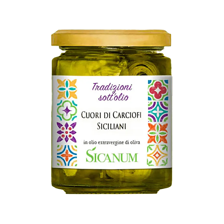 Cuori di carciofi siciliani in olio EVO Sicanum - Tradizioni sott’olio è una linea di conserve che coniuga le eccellenze Siciliane: i migliori prodotti della terra, lavorati in maniera artigianale e conservati in olio extravergine di oliva Sicanum, per esaltare sapori e profumi.Dettagli prodottovaso ml 314 - peso netto g 270 - TMC: 36 mesiProdotto vegano, senza glutine, senza conservanti, senza coloranti, senza aromi artificiali, senza grassi idrogenati.Ingredienti: carciofi (origine Sicilia), olio extrave