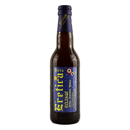 Eclisse 33 cl - Birra di frumento ambrata, rinfrescante con un distinto carattere di banana e chiodi di garofano dati dal lievito. Sostenuto da aromi di pane tostato e caramello. Aspetto torbido dal colore mogano scuro con una caratteristica schiuma bianca. Tipica birra tedesca bavarese, del 1700. Rifermentazione in bottiglia. Grado alcolico: 5 % Vol Grado plato: 13 °P Amaro IBU: 15 Colore EBC: 25 Fermentazione: Alta⠀⠀⠀⠀⠀⠀⠀ Ingredienti: Acqua, Malto d'Orzo e di Frumento, Luppolo, Lievito. Temperatura di se