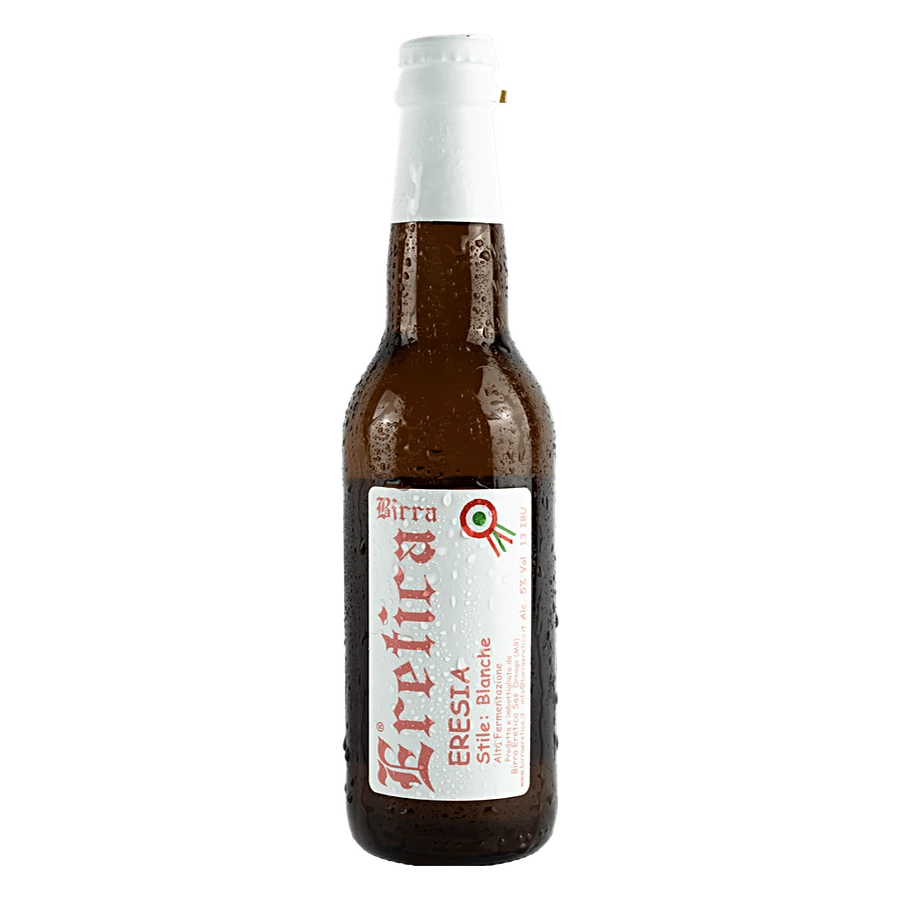 Eresia 33 cl - Birra dal carattere rinfrescante grazie alla sua leggera acidità e all'assenza di retrogusto amaro. Esprime un piacavole gusto di frumento maltato che si sposa perfettamente con il mix di aromi percepiti, dal fruttato della buccia d'arancia amara e bergamotto allo speziato del coriandolo. Schiuma densa, bianca quasi come panna. Lo stile Blanche ha origine in Belgio e risale a più di 400 anni fa. Rifermentazione in bottiglia. Grado alcolico: 5 % Vol Grado plato: 11,5 °P Amaro IBU: 13 Colore E