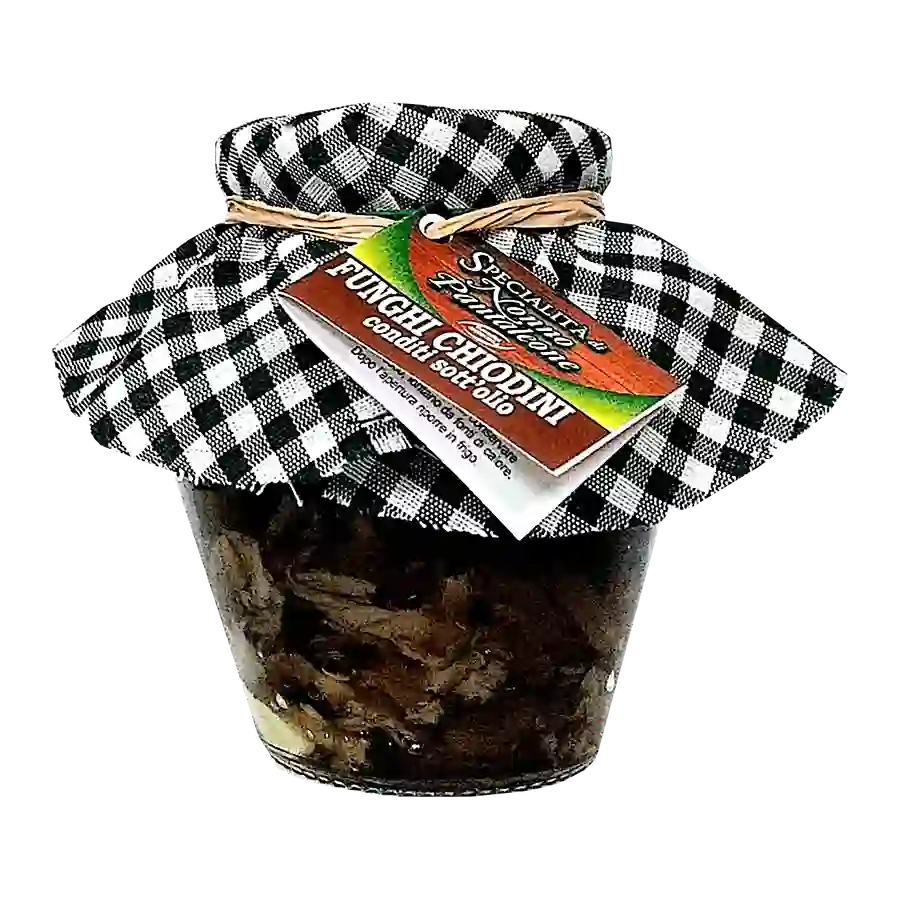 Funghi Chiodini conditi sott'olio 340 g - Dettagli del prodotto I funghi chiodini conditi di Nonno Pantaleone sono realizzati con una materia prima di provenienza italiana, a garanzia di un prodotto di qualità. Lavorati in modo artigianale, vengono bolliti e conditi con ingredienti di prima scelta: olio di semi di girasole, aglio, peperoncino e sale. Hanno un gusto aromatico molto particolare che conferisce un sapore ricco e deciso ad ogni ricetta. Sono adatti ad essere consumati come contorno o come antip