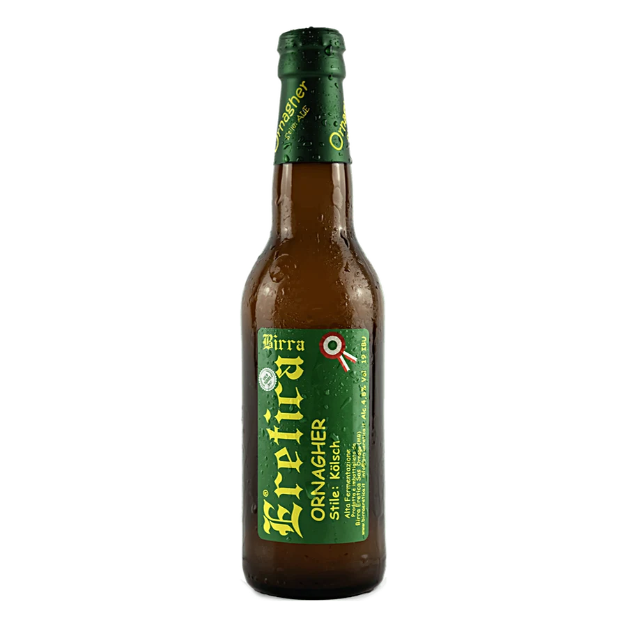 Ornagher 33 cl - Aspetto torbido con schiuma persistente.Birra pulita, fresca e ben equilibrata con aromi decisamente fruttati caratteristici dei tradizionali luppoli e malti tedeschi utilizzati.Birra tipica di Colonia caratterizzata dall'essere una Lager ad Alta Fermentazione. Rifermentazione in bottiglia. Grado alcolico: 4,8 % Vol Grado plato: 12 °P Amaro IBU: 19 Colore EBC: 8 Fermentazione: Lager ad Alta⠀⠀⠀⠀⠀⠀⠀ Ingredienti: Acqua, Malto d'Orzo, Luppolo, Lievito. Temperatura di servizio: 5-6 °C Abbinamen