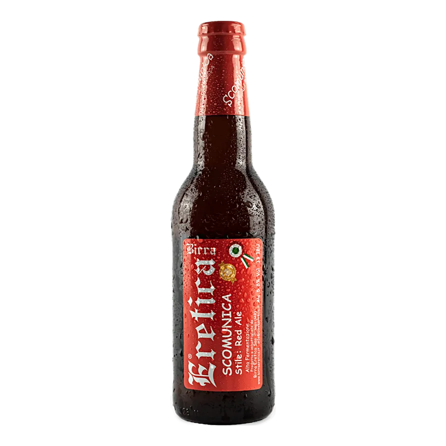 Scomunica 33cl - Birra doppio malto facile da bere, con sentori di caramello. Luppolatura ben bilanciata con un leggerissimo retrogusto di rabarbaro; colore ramato scuro. Birra che richiama lo stile della Irish Red Ale, moderno adattamento della English Bitter ma con meno luppolatura e un piccolo tocco di malto torrefatto. Rifermentazione in bottiglia Grado alcolico: 5,8 % Vol Grado plato: 14 °P Amaro IBU: 33 Colore EBC: 26 Fermentazione: Alta⠀⠀⠀⠀⠀⠀⠀ Ingredienti: Acqua, Malto d'Orzo, Luppolo, Lievito. Temp