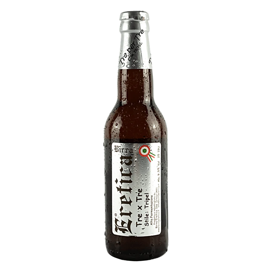 Tre x Tre 33 cl - Birra Ale che si ispira a quelle d'Abazia, chiara dal piacevole gusto rotondo di malto. Note fruttate leggermente alcoliche che si combinano con il carattere pulito dei malti; sorprendentemente beverina considerati gli elevati gradi alcolici. Aspetto dorato intenso, schiuma bianca e persistente. In origine fu resa popolare dal monastero trappista di Westmalle. Rifermentazione in bottiglia. Grado alcolico: 9,5 % Vol Grado plato: 25 °P Amaro IBU: 21 Colore EBC: 13 Fermentazione: Alta