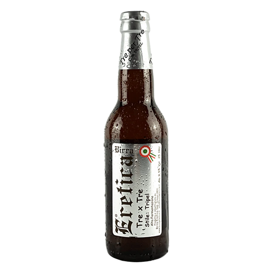 Tre x Tre 33 cl - Birra Ale che si ispira a quelle d'Abazia, chiara dal piacevole gusto rotondo di malto. Note fruttate leggermente alcoliche che si combinano con il carattere pulito dei malti; sorprendentemente beverina considerati gli elevati gradi alcolici. Aspetto dorato intenso, schiuma bianca e persistente. In origine fu resa popolare dal monastero trappista di Westmalle. Rifermentazione in bottiglia. Grado alcolico: 9,5 % Vol Grado plato: 25 °P Amaro IBU: 21 Colore EBC: 13 Fermentazione: Alta